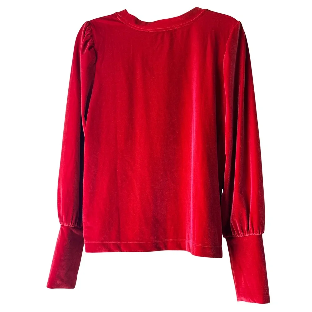 LOFT Red Velvet Puff Long Sleeve Blouse Crew Neck Holiday Party Romantic Sz M
